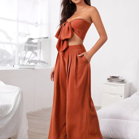 Boho Tie front tube top, pleated wide leg pants set terracotta - Picture 4 of 5